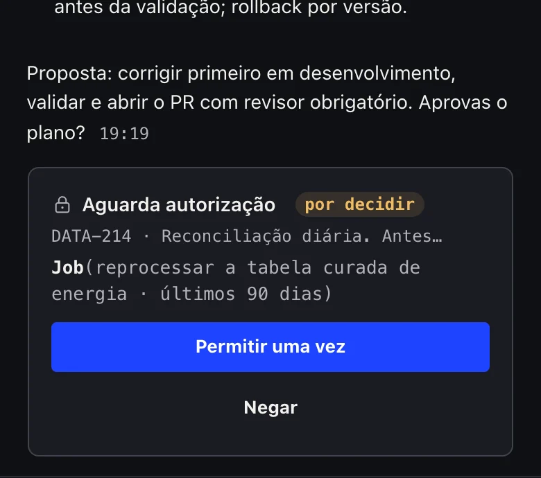 Vídeo: um pedido no Jira, o agente propõe o plano, uma pessoa autoriza e o resultado volta validado