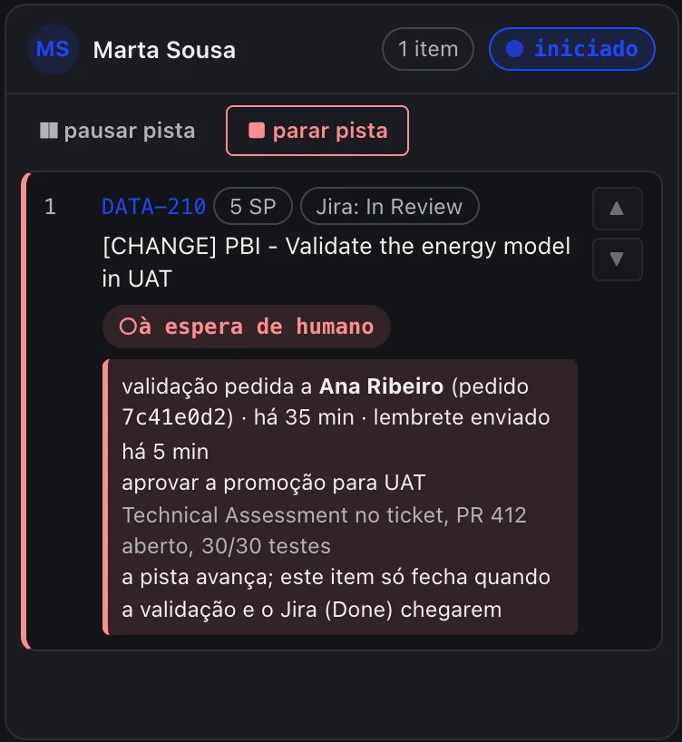 Vídeo: no plano do sprint, um ticket passa de a correr para à espera de validação e depois para feito