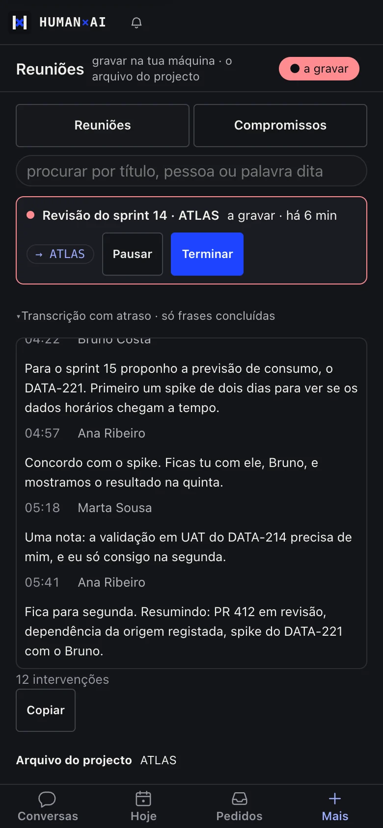 Vídeo: a transcrição de uma reunião a crescer, com falantes identificados