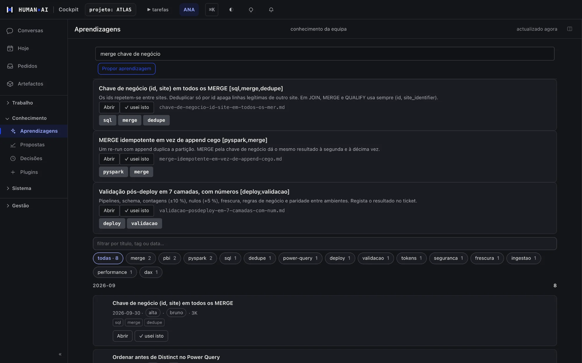 Cockpit HumanAI: pesquisa no conhecimento da equipa com aprendizagens do projecto