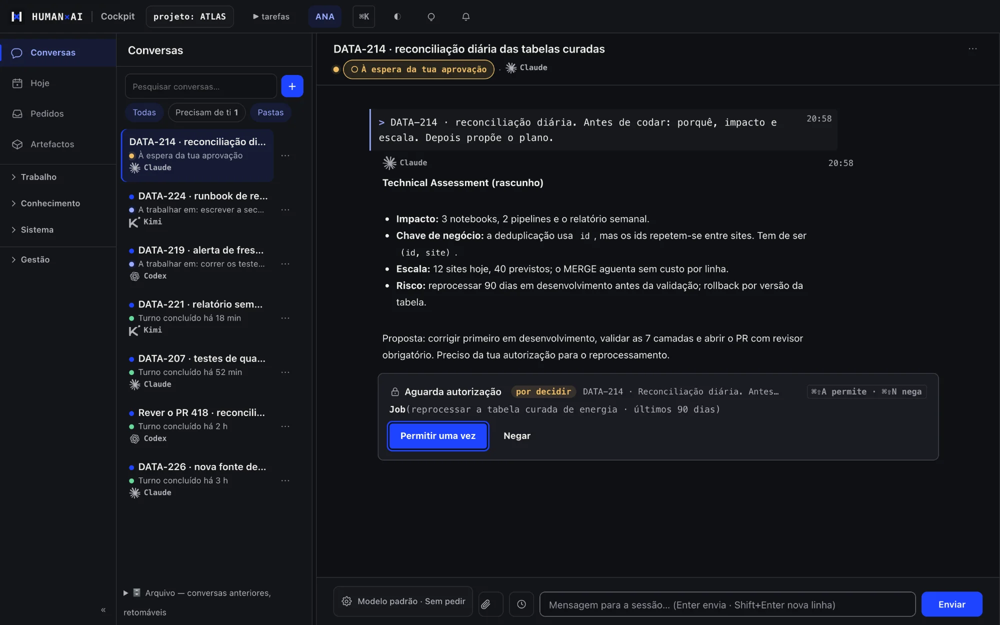 Cockpit HumanAI: lista de conversas com agentes Claude, Codex e Kimi em estados diferentes