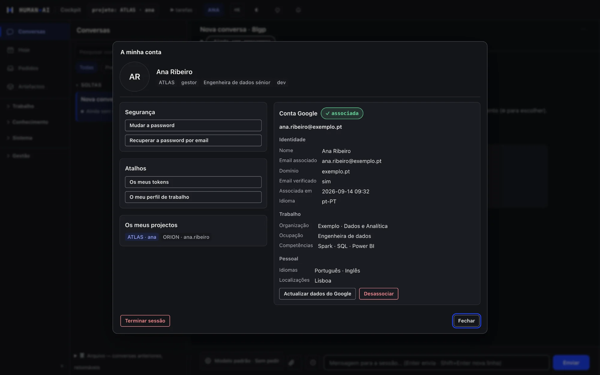 Cockpit HumanAI: A minha conta, com perfil, conta Google associada e preferências