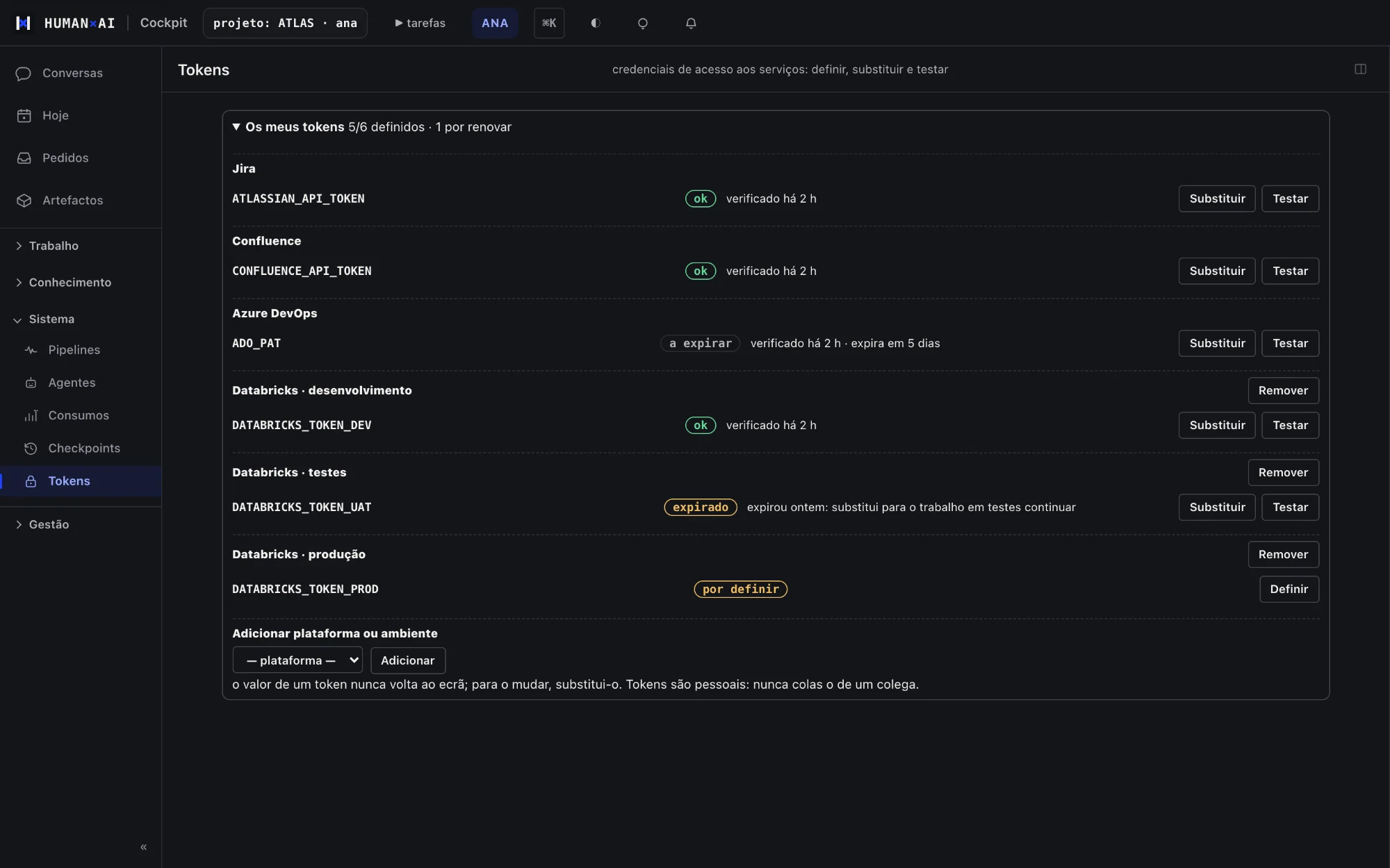 Cockpit HumanAI: credenciais pessoais de serviços com o estado de cada uma, sem valores